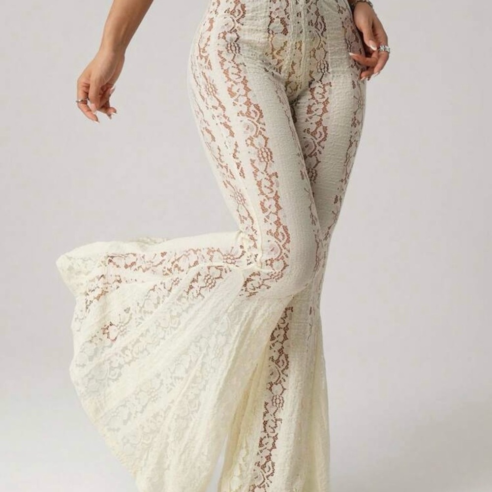 Lace Flare Jumpsuit Pants - Cream